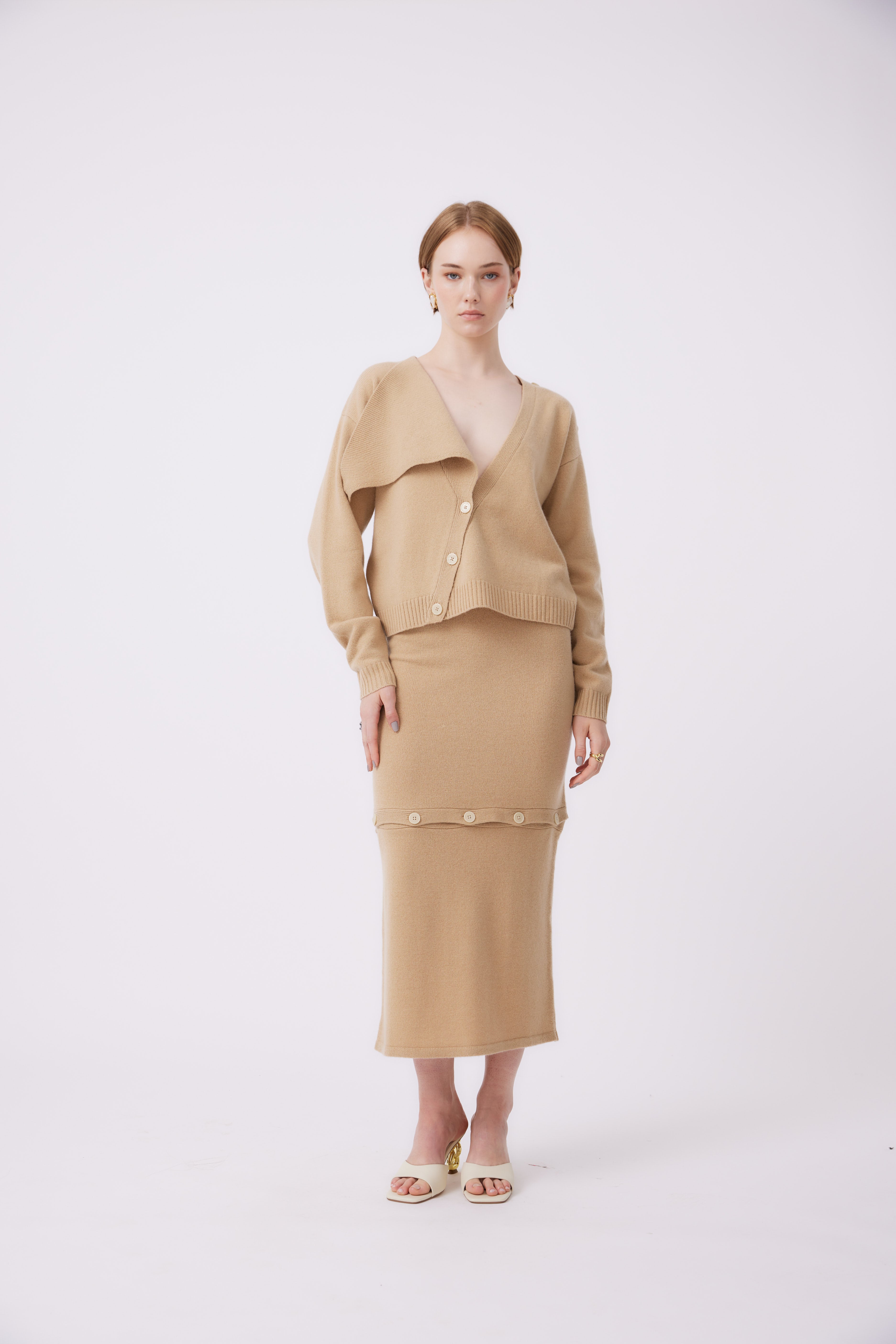 Helori Knit Cardigan Top and Mattia Convertible Skirt in Biscuit SET
