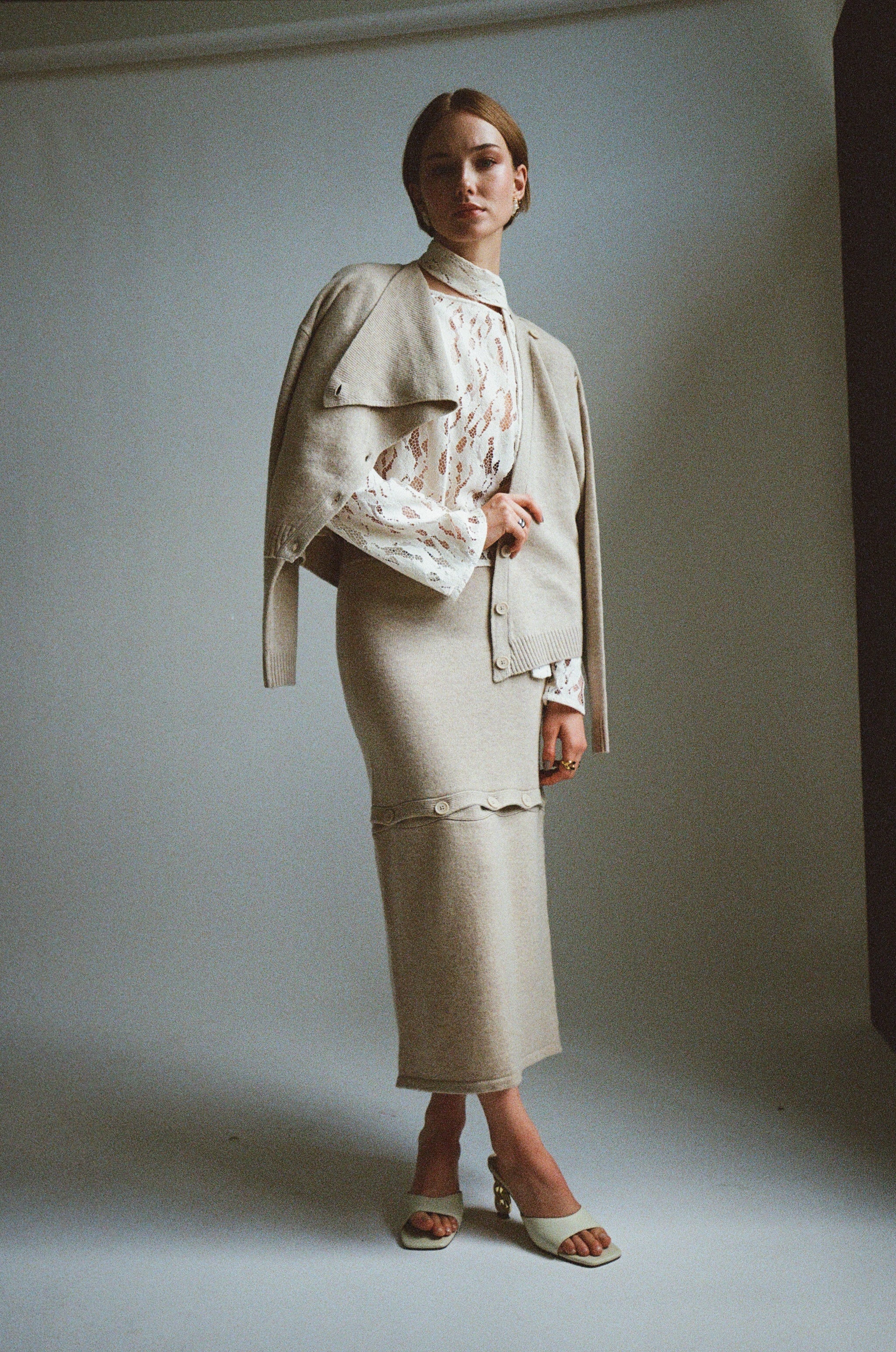 Helori Knit Cardigan Top and Mattia Convertible Skirt in Oat SET