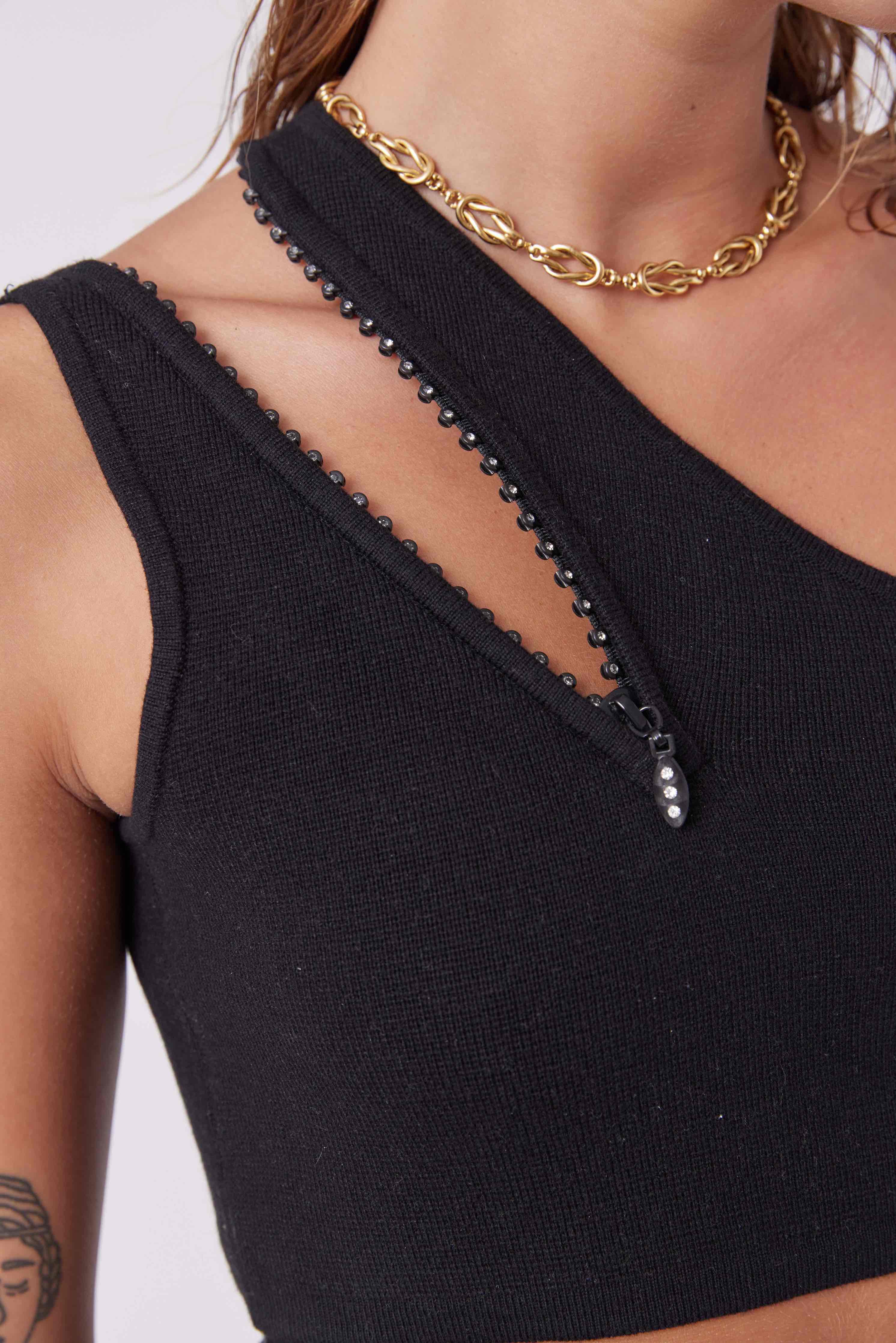MNKAtelier Tops Diamantine Zipped Crop Top Black